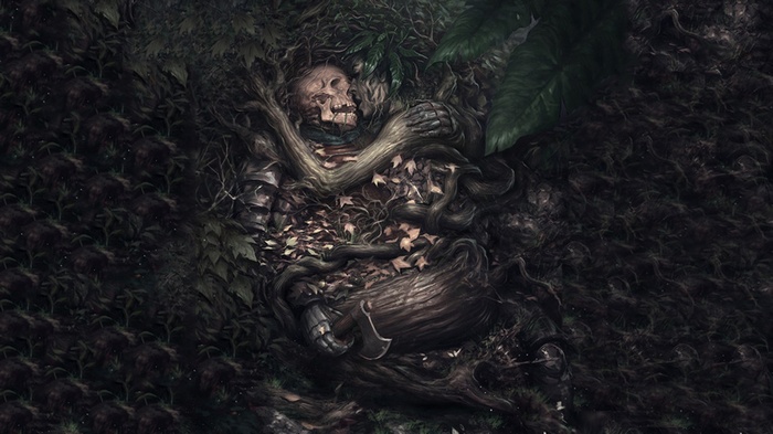 Fantasy art of a skeleton entwined with wood and leaves