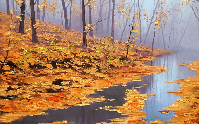 Autumn forest with a stream and fallen leaves by Graham Gercken