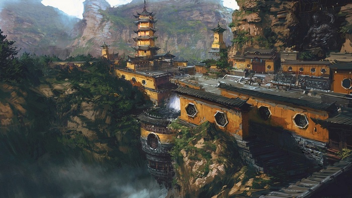 Fantasy Chinese temple complex on a mountain cliff