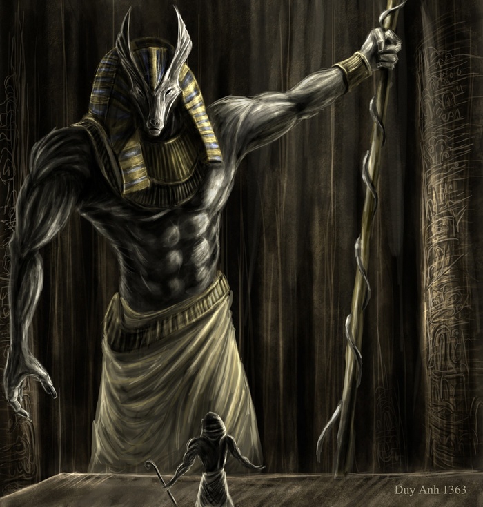 Anubis standing over a small figure