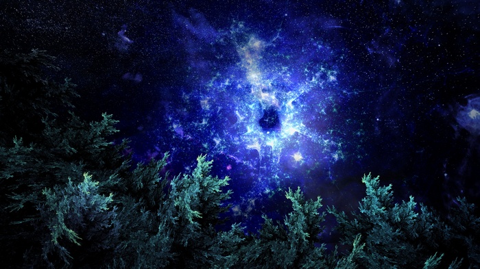Fractal nebula in the night sky above a forest