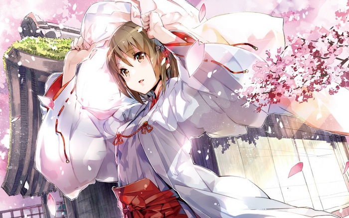 Anime girl in white kimono with cherry blossoms