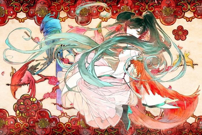 Girl in Chinese dress with birds and flowers