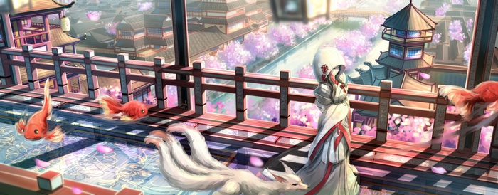 Kitsune and Koi fish in a Japanese town
