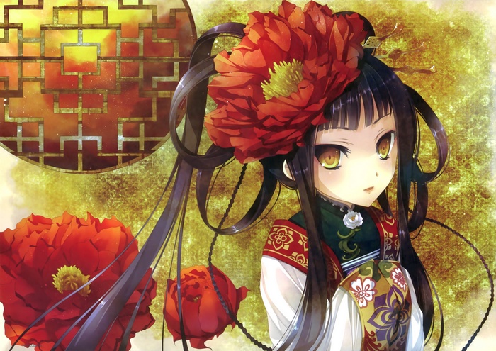 Anime girl in traditional Chinese clothing with flowers