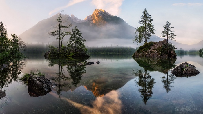 Lake and mountains with trees reflected in the water