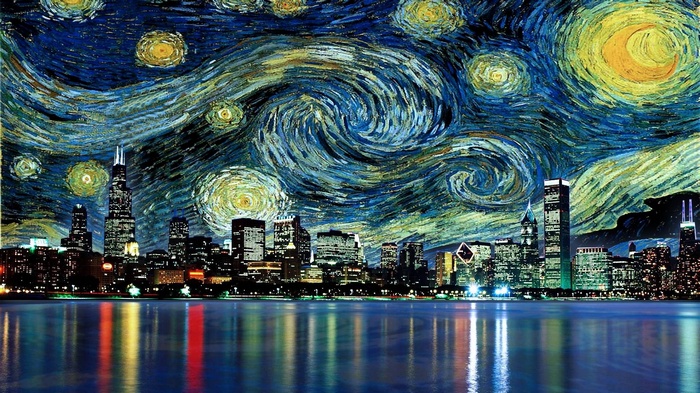 The Starry Night, water, artwork, painting, skyscraper, Vincent van Gogh, lights, movies, cityscape, Chicago, reflection