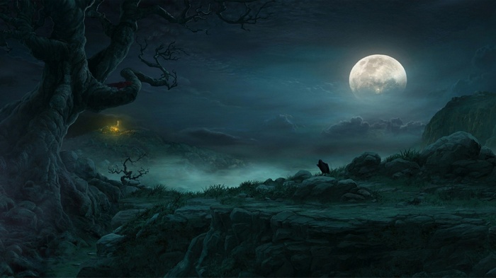 Diablo III night landscape with a full moon