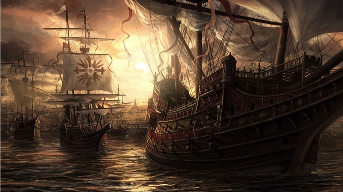 A fleet of fantasy sailing ships at sunset
