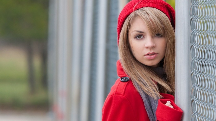 open mouth, fence, coats, red coat, blonde, brown eyes, long hair, model, scarf, Aspen Parker, looking at viewer, women, women outdoors, hat
