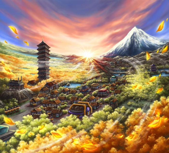 Pokémon town with a pagoda and snowy mountain at sunrise