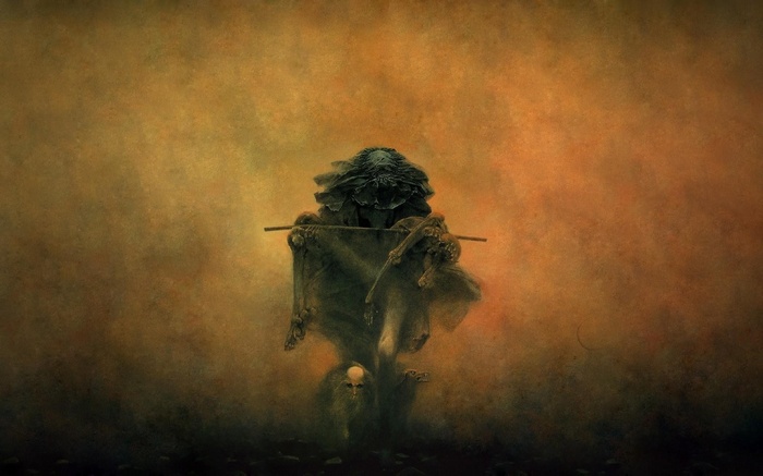 Artwork of a skeletal creature by Zdzisław Beksiński