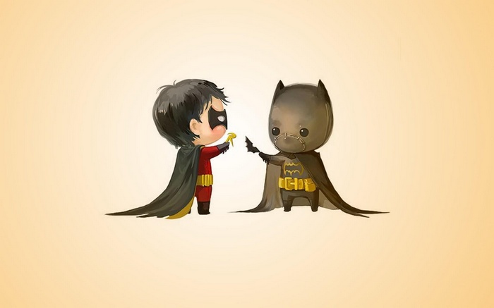 Chibi Batman and Robin exchanging a symbol