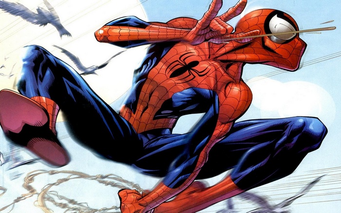 Spider-Man in Action with Birds Flying