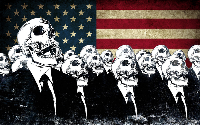 Skulls in Suits in Front of American Flag