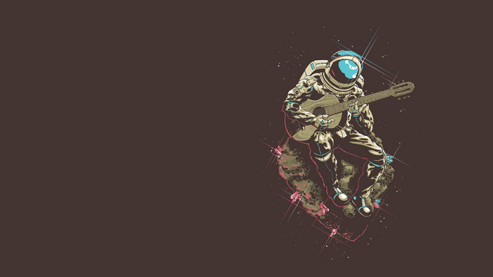 Astronaut playing guitar on a rock in space