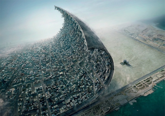 Cityscape unfurling like a carpet over a desert landscape