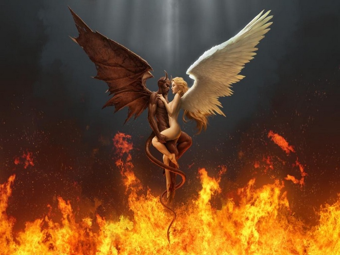 Angel and Devil embracing amidst fire