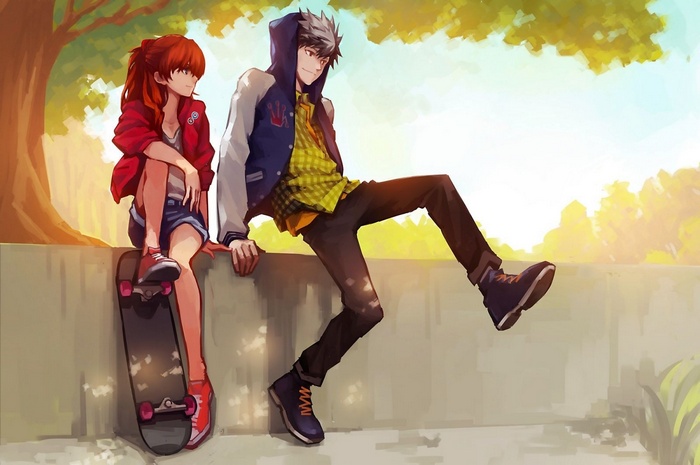 Asuka Langley Soryu and Kaoru Nagisa with a skateboard