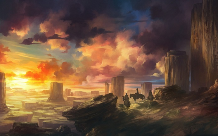 Western landscape with cowboys at sunset