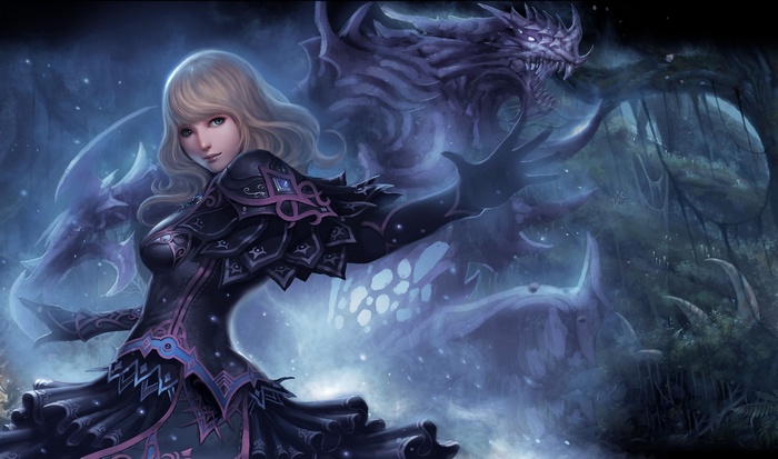 Fantasy art of a blonde woman and a dragon
