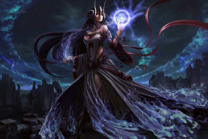 Dark-haired sorceress casting a spell with lightning