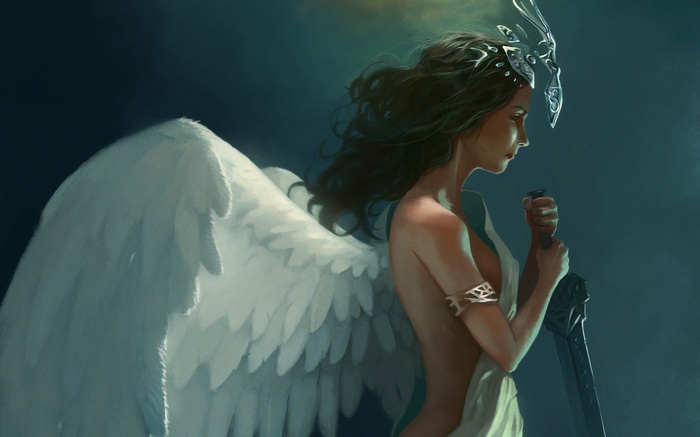 angel, women, angel wings, wings, artwork, sword
