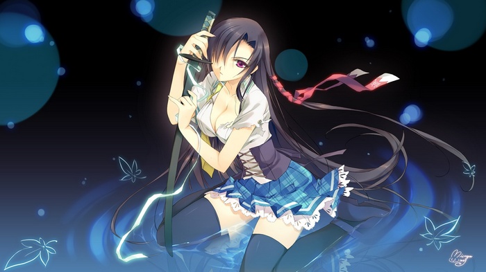 Anime girl with a sword and blue skirt