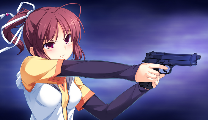 Yanase Mai holding a Beretta M9 pistol
