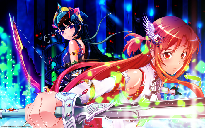 Mikazuki Yozora and Yuuki Asuna with weapons
