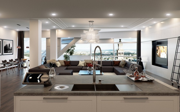 Modern open-plan living room and kitchen with city view