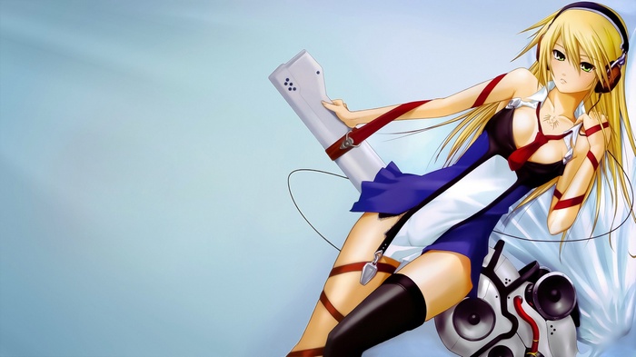 Noel Vermillion from Blazblue with headphones and weapon