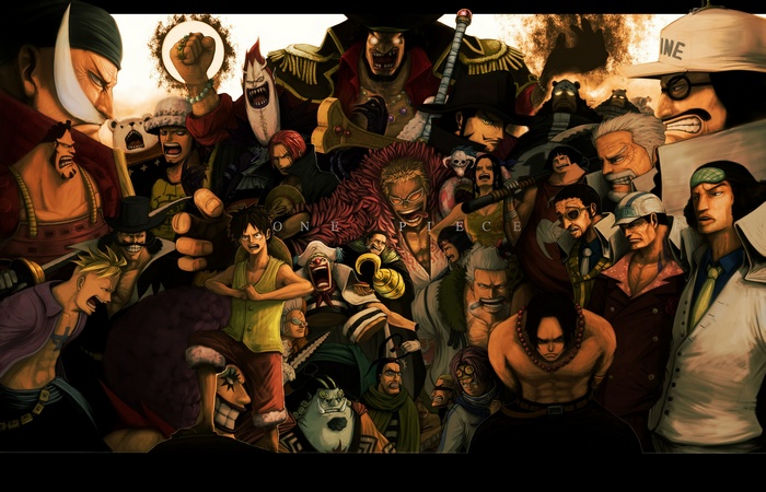 One Piece characters gathered in a dramatic scene