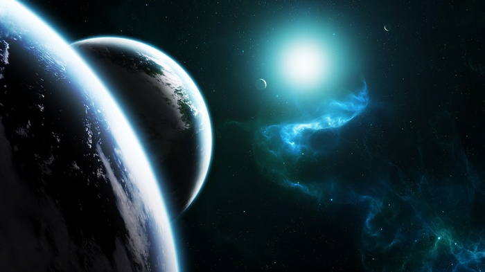 Digital art of planets and a nebula in space