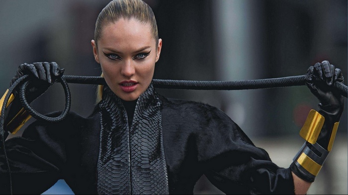Candice Swanepoel with a whip