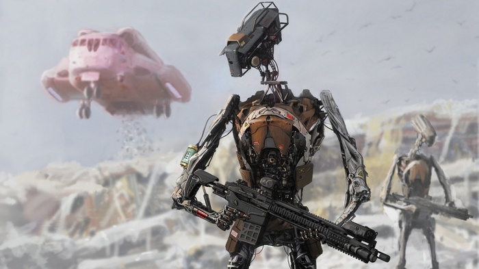 Robots with guns in a desolate landscape with a flying vehicle