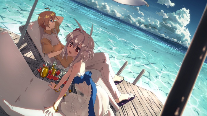 Anime characters relaxing on a pier by the ocean