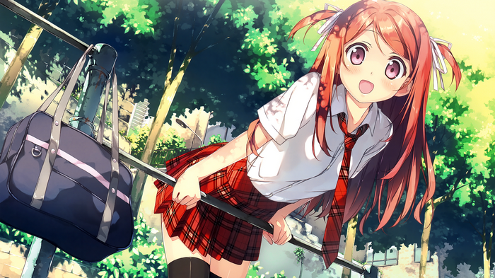 Anime schoolgirl with red plaid skirt and school bag