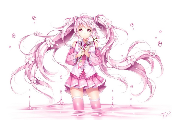 Anime girl with pink hair and cherry blossoms
