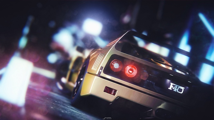 Gold Ferrari F40 Rear View at Night