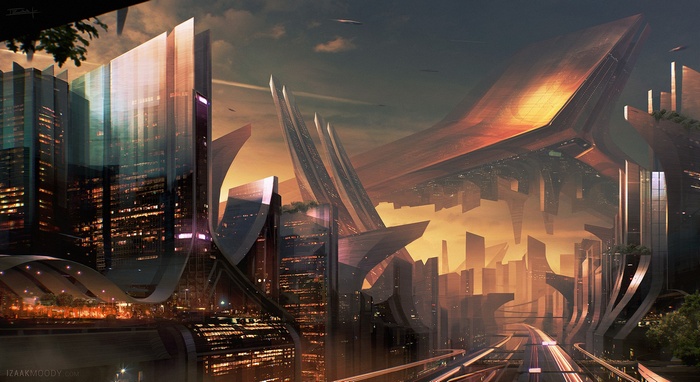 Futuristic city with towering, angular architecture at sunset