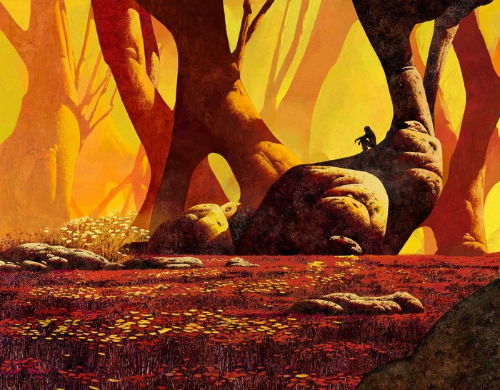 Roger Dean artwork of a surreal alien forest