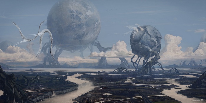 Alien landscape with giant organic structures and flying creatures