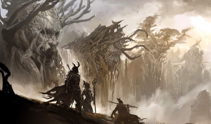 Fantasy art of warriors in a mystical forest