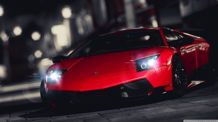 Red Lamborghini Murcielago LP640-4 parked at night