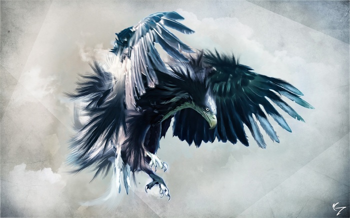 A dark eagle with spread wings in flight
