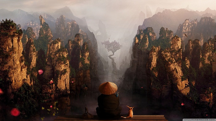 Fantasy art of a person and cat overlooking mountains