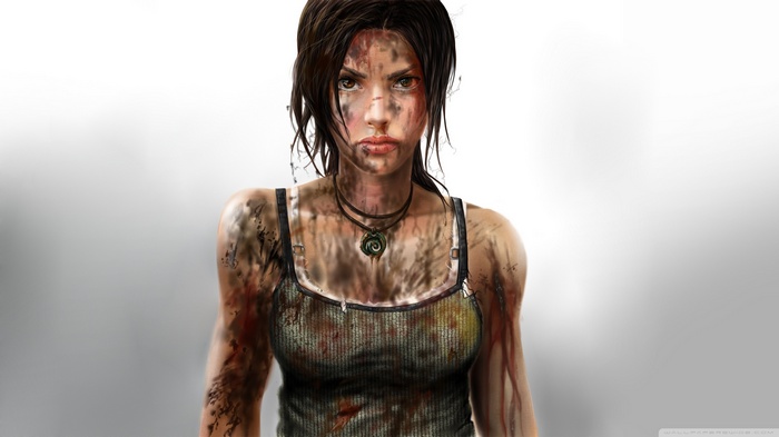 Lara Croft from Tomb Raider covered in dirt and blood