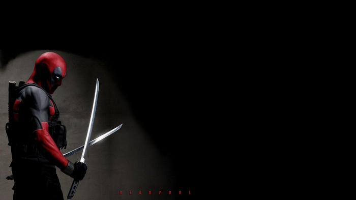 Deadpool holding two swords in the dark
