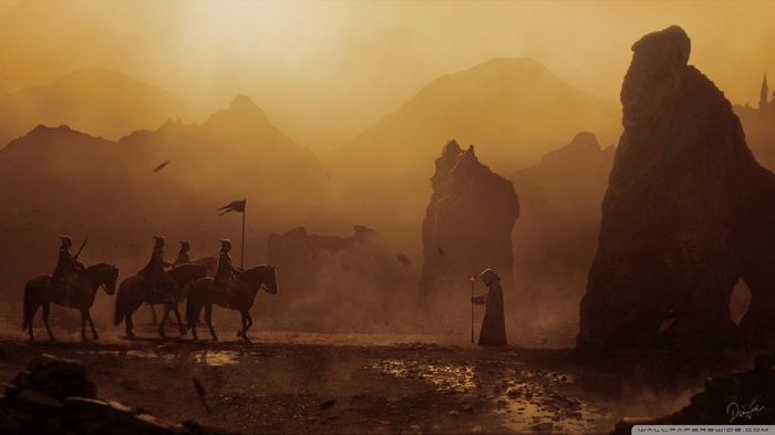 Fantasy art of a group of riders meeting a robed figure